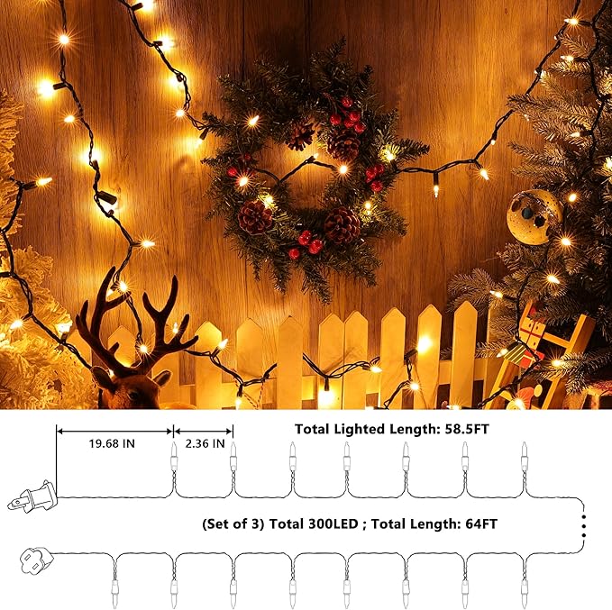 Joomer LED Clear Christmas Lights, 3Pack Total 58.5FT 300 LED Warm White Christmas Tree Lights, Connectable Waterproof Mini String Lights Plug in for Indoor Outdoor Home Christmas Decoration