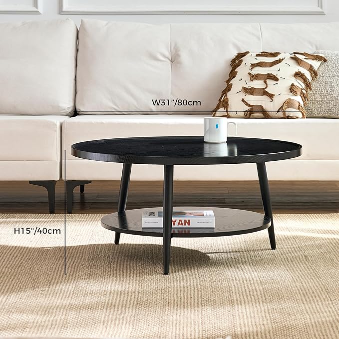 Saint Mossi Modern Coffee Table for Living Room, Mid-Century Round Wood Coffee Table, 2-Tier Center Table for Small Space, Black, W31xH15