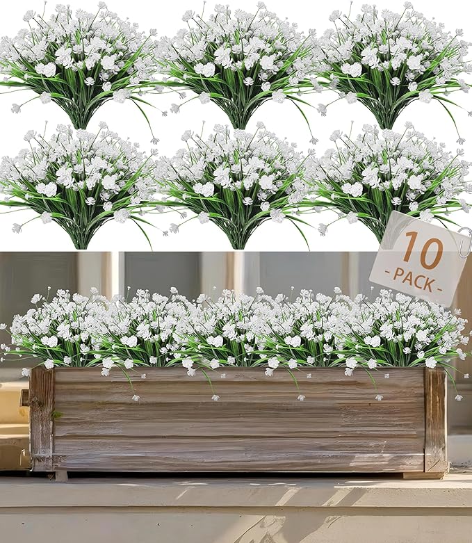 Plastic Artificial Flowers 10 Bundles Outdoor Artificial Fake Flowers Faux Plastic Shrubs Plants No Fade for Outdoor Porch Farmhouse White