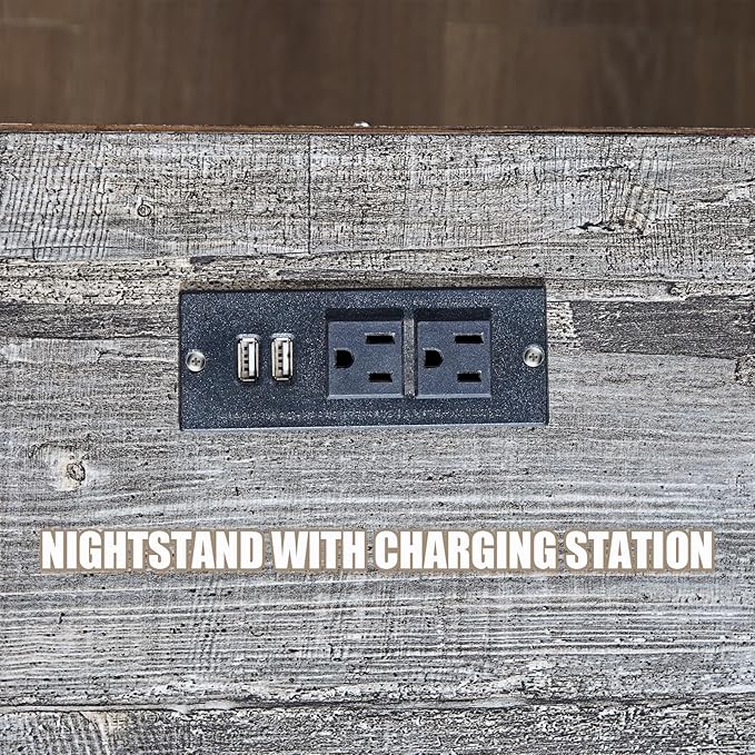 Nightstand wtih Charging Station, 20" End Table with 2 Drawers, Farmhouse Side Table Storage Cabinet with Carved Pilasters for Bedroom, Wood Rustic,Light Gray