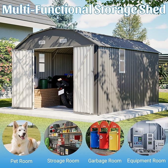10x12 FT Outdoor Storage Shed with Floor Frame Kit, Heavy Duty Rust-Resistant Steel Tool Shed, Waterproof Metal Storage Building with Lockable Doors for Backyard Garden Patio, Gray