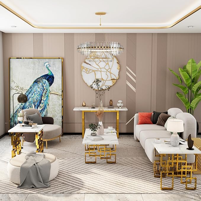 AUZ Gold End Table Set - Luxury Square Living Room White & Gold Side Table with Mirrored Geometric Base