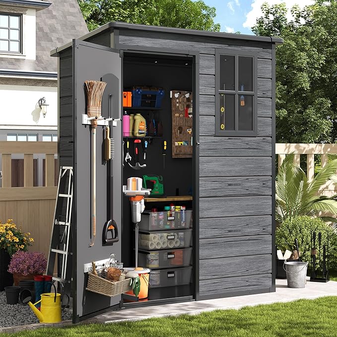 Amopatio Outdoor Storage Shed with Floor,5x3 FT Lockable Plastic Tool Shed with Ventilation,Waterproof Resin Garden Sheds for Backyard,Patio,Lawn and Bike Dark Grey