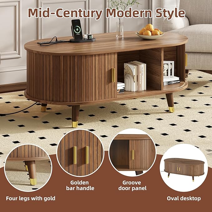 WILLIAMSPACE 42.5" Oval Coffee Table with Storage & Charging Station, Mid-Century Modern Center Table with Sliding Tambour Door, Farmhouse Tea Table with Solid Wood Legs for Living Room, Walnut