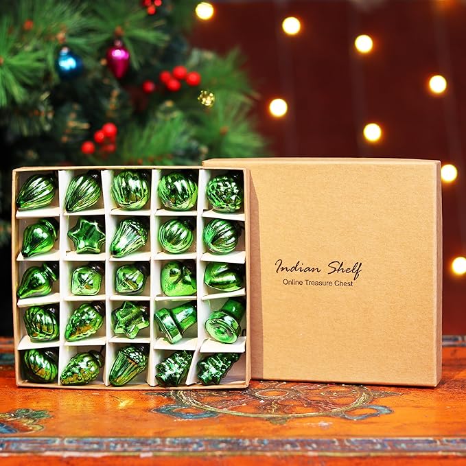 IndianShelf 25 Pieces Silver & Green Glass Vintage Christmas Ornaments Mini Bulk Decorative Ornaments for Halloween, Christmas Tree, New Year, Valentine Day, Holidays, Event & Wedding(25 * 1 Boxes)