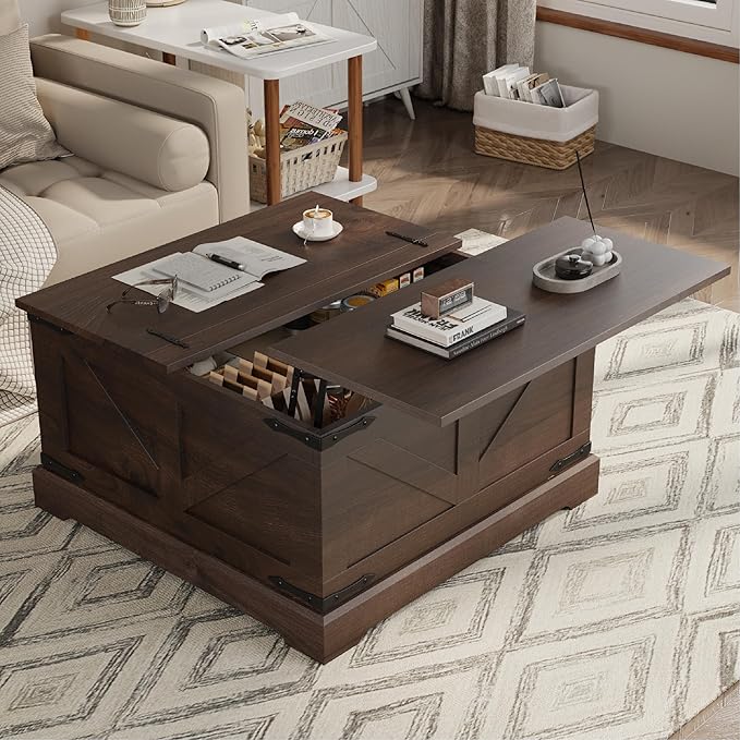 Vintage Storage Coffee Table, Lift Top Coffee Table, Square Center Table, Living Room Tables, Wood Tea Table (Walnut Brown)