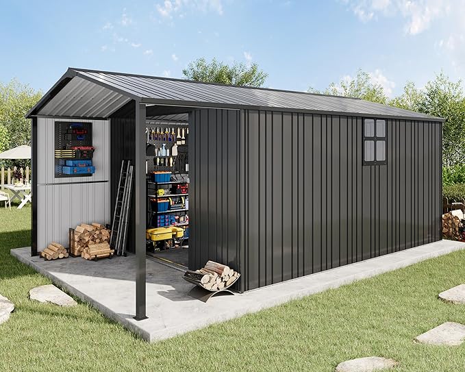 AMERLIFE 10x16.6x7.3 FT Outdoor Storage Shed with Lounge Area, Metal Garden Shed with Sliding Doors, 2 4-Pane Windows & 4 Vents, Heavy-Duty Weather-Resistant Steel for Garden & Backyard, Dark Gray