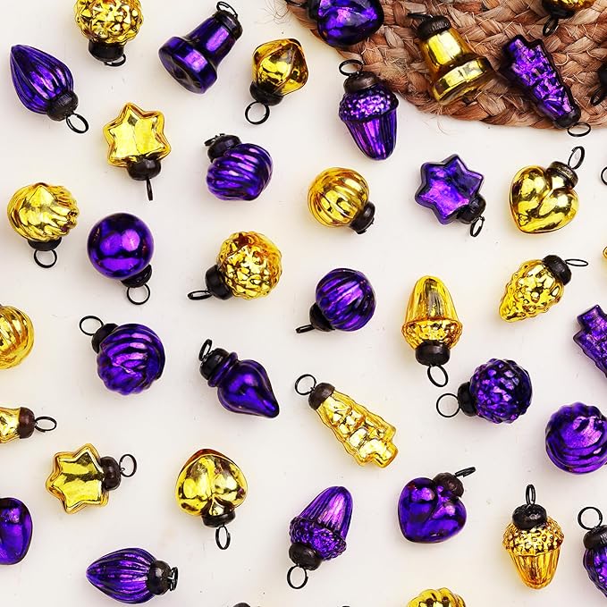 IndianShelf 50 Pieces Gold & Purple Glass Vintage Christmas Ornaments Mini Bulk Decorative Ornaments for Halloween, Christmas Tree, New Year, Valentine Day, Holidays, Event and Wedding (25 * 2 Boxes)