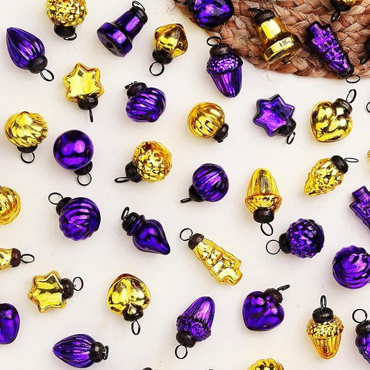 IndianShelf 50 Pieces Gold & Purple Glass Vintage Christmas Ornaments Mini Bulk Decorative Ornaments for Halloween, Christmas Tree, New Year, Valentine Day, Holidays, Event and Wedding (25 * 2 Boxes)