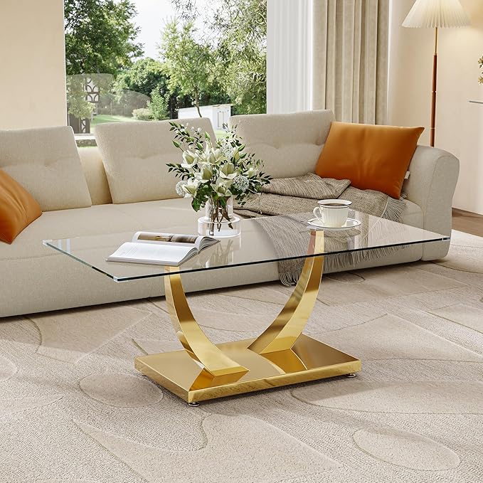 47" Glass Coffee Table, Modern Rectangular Center Table with Tempered Glass Top and Gold Horn-Shaped Stainless Steel Base for Apartment, Office