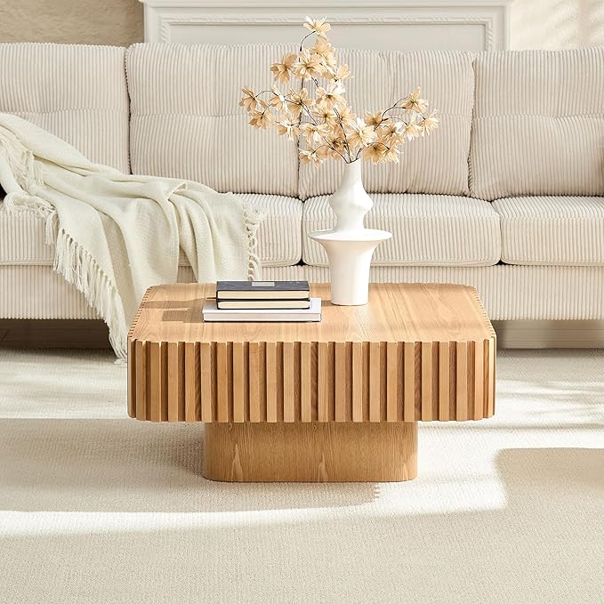 31.5" Square Coffee Table with Sturdy Base, Modern Luxury Wood Drum Center Tables,Small Wooden Accent with MDF, for Living Room, Minimalist Fluted Design-Natural