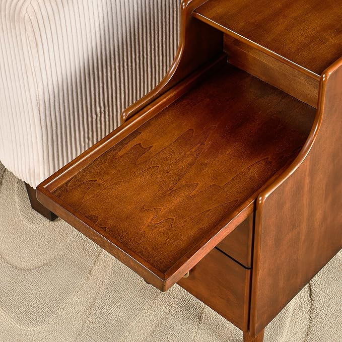 2-Set Solid Hardwood End Table with 2 Drawers, Traditional Beside Tables with Pull-Out Coffee Tray, Modern Vintage Sofa Chair Side Table Nightstand for Living Room Bedroom, Cherry Brown Accent Table