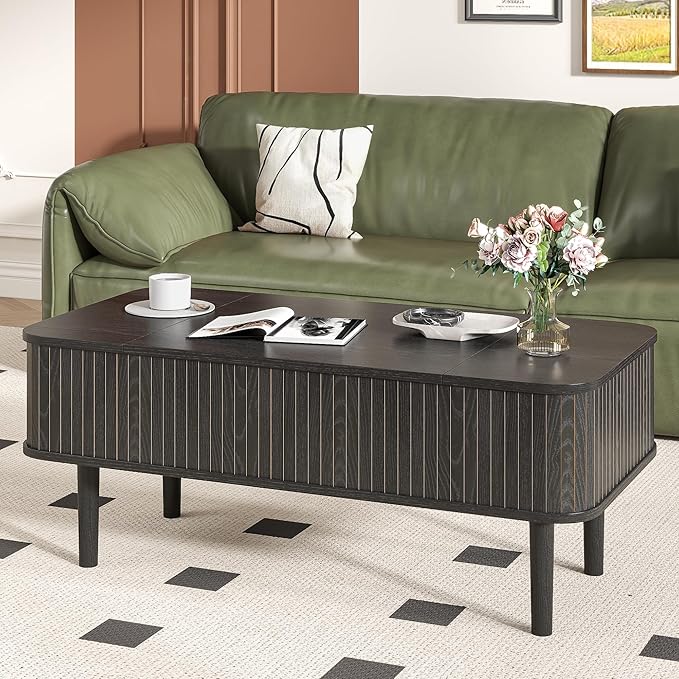 Fluted Lift Top Coffee Table with Storage, Mid Century Modern Coffee Table for Living Room, Home Small Space,39.4" Fluted Center Table (Rectangle-Black, 39.4inch)