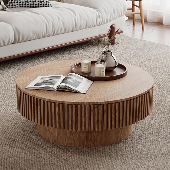 31.5" Round Coffee Table with Hidden Storage Compartment, Modern Handcraft Fluted Drum Coffee Table, Wooden Circle Center Table Cocktail Tea Table with Sturdy Pedestal for Living Room,Natural