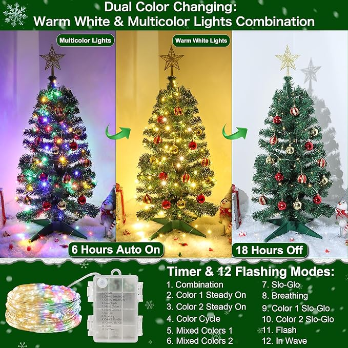 3 Ft Green Christmas Tree 12 Modes Dual Color Change Timer DIY 50 Warm White & Multicolor Lights Star 15 Ball Ornaments Battery Operated Small Artificial Full Xmas Tree Table Home Indoor