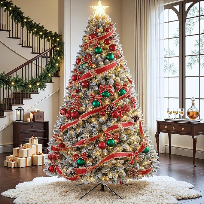 6 FT Prelit Snow Flocked Christmas Tree, Artificial Spruce Christmas Tree with 250 Warm White LED Lights, 850 PVC Branch Tips, Easy Assembly/Metal Stand/Hinged Branches Decoration