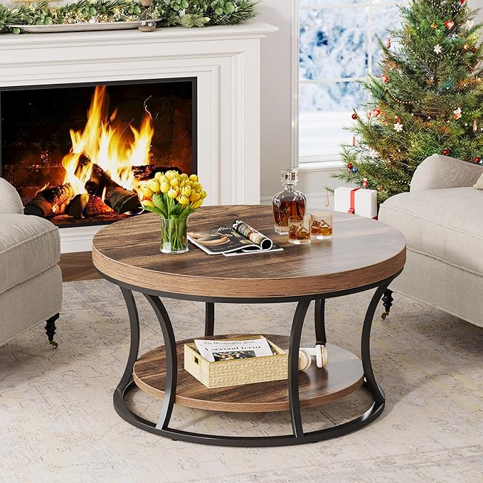 Round Coffee Table for Living Room, 2-Tier Circle Coffee Table with Storage, Accent Center Table Modern Design, Rustic Brown and Black