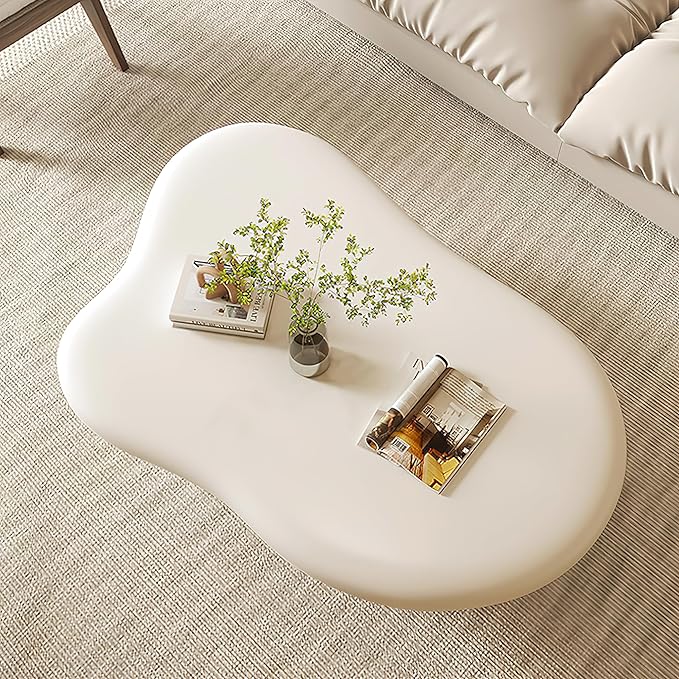 48 Inch Cloud Coffee Table, Modern Cream Coffee Table for Living Room, Large Wood Coffee Side Table with Irregular Tabletop and 4 Sturdy Legs for Home Office Bedroom