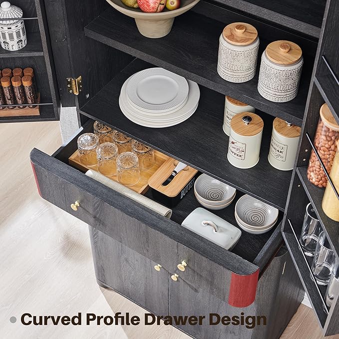 71" Tall Kitchen Pantry, Modern Curved Pantry Storage Cabinet with 4 Doors and 6 Adjustable Shelves, Cupboard for Kitchen, Dining Room, Living Room and Bathroom, Dark Grey