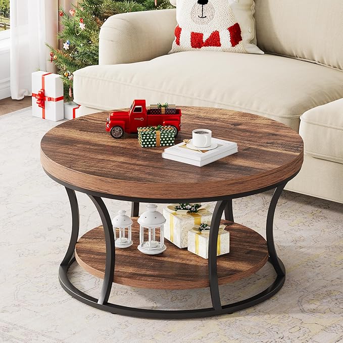 Round Coffee Table for Living Room, 2-Tier Circle Coffee Table with Storage, Accent Center Table Modern Design, Rustic Brown and Black