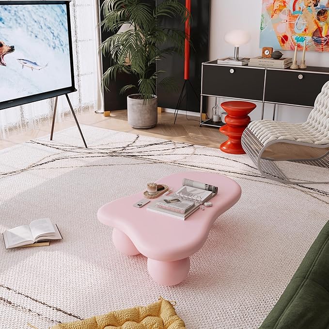 40” Cloud Coffee Table with 3 Ball Legs, Modern Lrregular Center Table for Living Room, Low Cute Small MDF Tea Table for Bedroom, Space Apartment-Pink