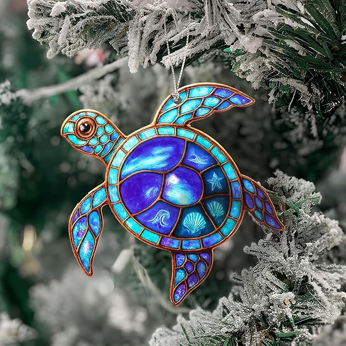 Turtle Gifts for Women, Coastal Christmas Ornaments, Turtle Ornament, Ocean-Inspired Sea Design with Blue Glow, Unique Marine Holiday Decoration and Beach-Themed Ornament Gift for Ocean Lovers