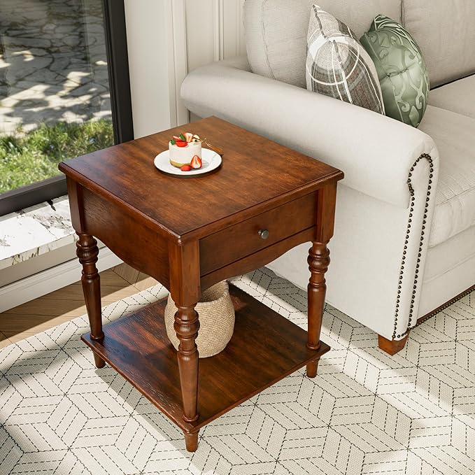 Solid Wood End Table with Drawer and Storage Shelf, Antique Designed Beside Table with Solid Wood Roman Legs, Square Accent Tables with Hand Carved for Living Room, Bedroom Cherry Brown
