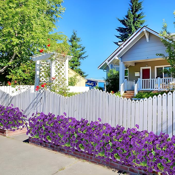 Artificial Flowers for Outdoor Decoration, 10 Bundles Fake Plastic Flower Plant, Faux Colorful Silk Morning Glory Eucalyptus for Outside Spring Summer Garden Porch Front Door Decor, Dark Purple