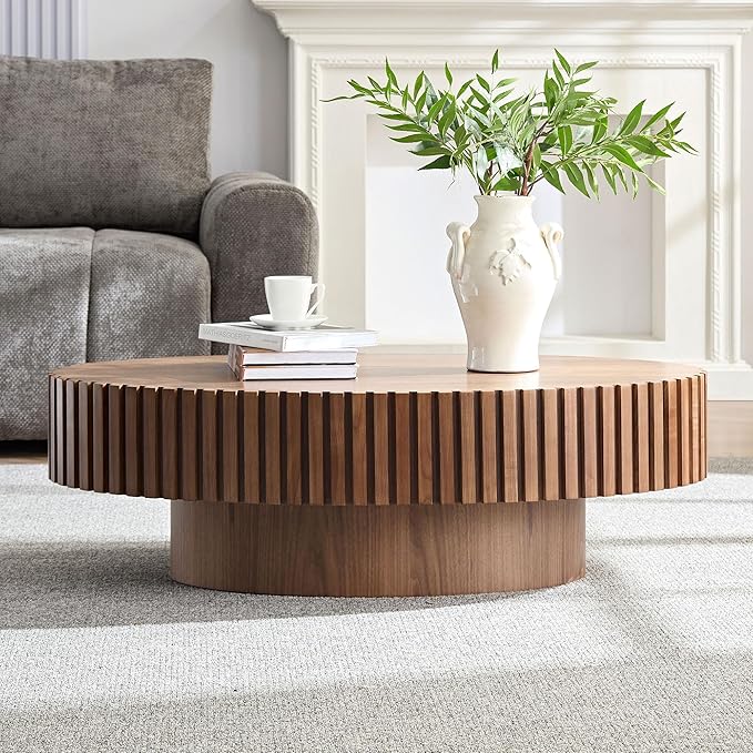 WILLIAMSPACE 43.7" Oval Coffee Table, Modern Luxury Wood Drum Center Table for Living Room, Handcraft Accent Side End Table for Apartment, 43.7"*24.8"*13.78"H (Walnut)