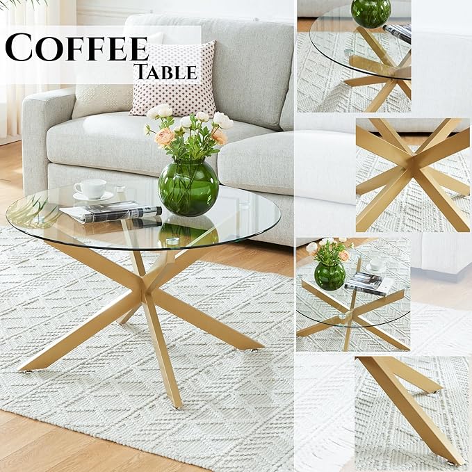 Gold & Round Glass Coffee Tables for Living Room, Home Office, Modern & Simple Center Table with Clear Tempered Glass Top, 35.5" Wx19.7 H