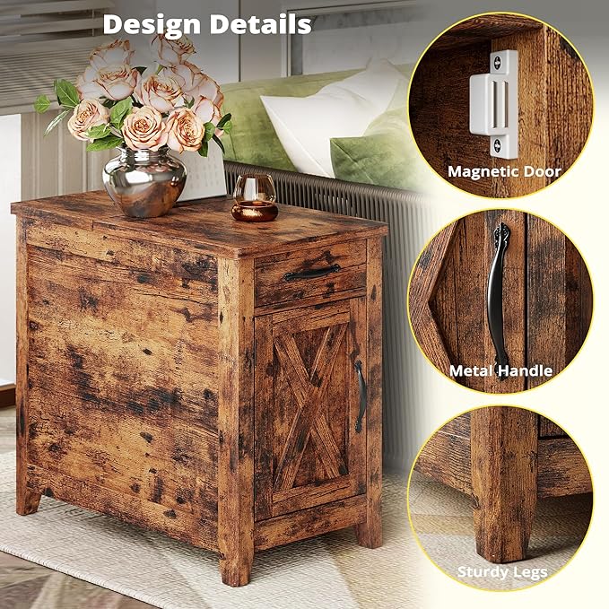 IRONCK End Table with Charging Station, Narrow Side Table for Living Room, Farmhouse Night Stand for Bedroom, Beside Table with Storage and Drawer for Home, Vintage Brown