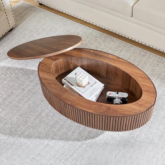 Oval Coffee Table with Hidden Storage, 31.5 Inch Wide Modern Coffee Table, Center Table with Fluted Veneered, Accent Tea Table for Small Space Living Room Apartment (Walnut)