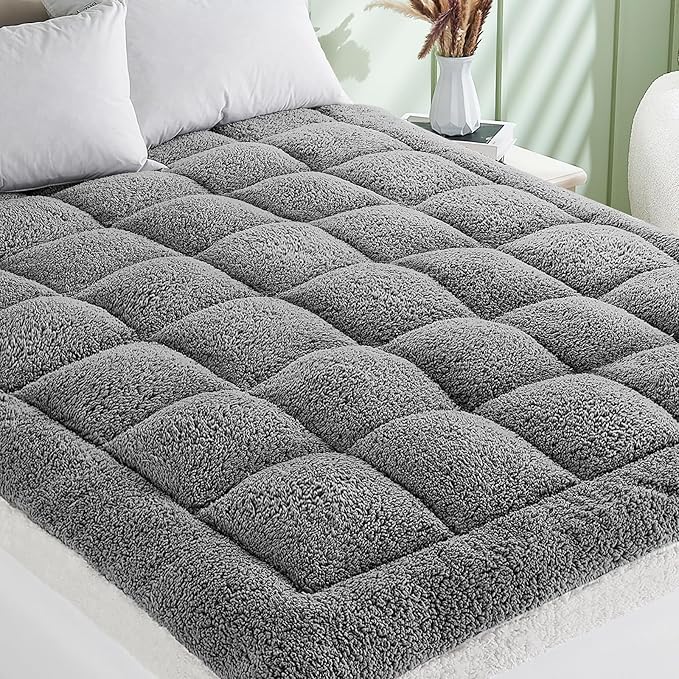 Cymula Pillow Top Mattress Topper King Sherpa Mattress Pad for Back Pain Extra Thick Mattress Pillow Top with 8-21" Deep Pockets Mattress Cover for King Size Bed, Grey