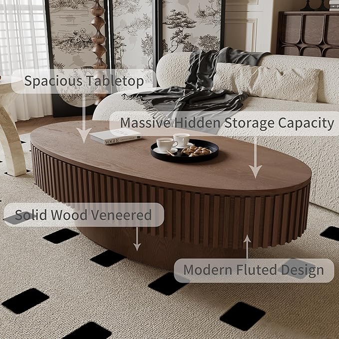 47" Oval Coffee Table with Hidden Storage Compartment, Modern Handcraft Fluted Drum Coffee Table, Wooden Oval Center Table Cocktail Tea Table with Sturdy Pedestal for Living Room, Walnut