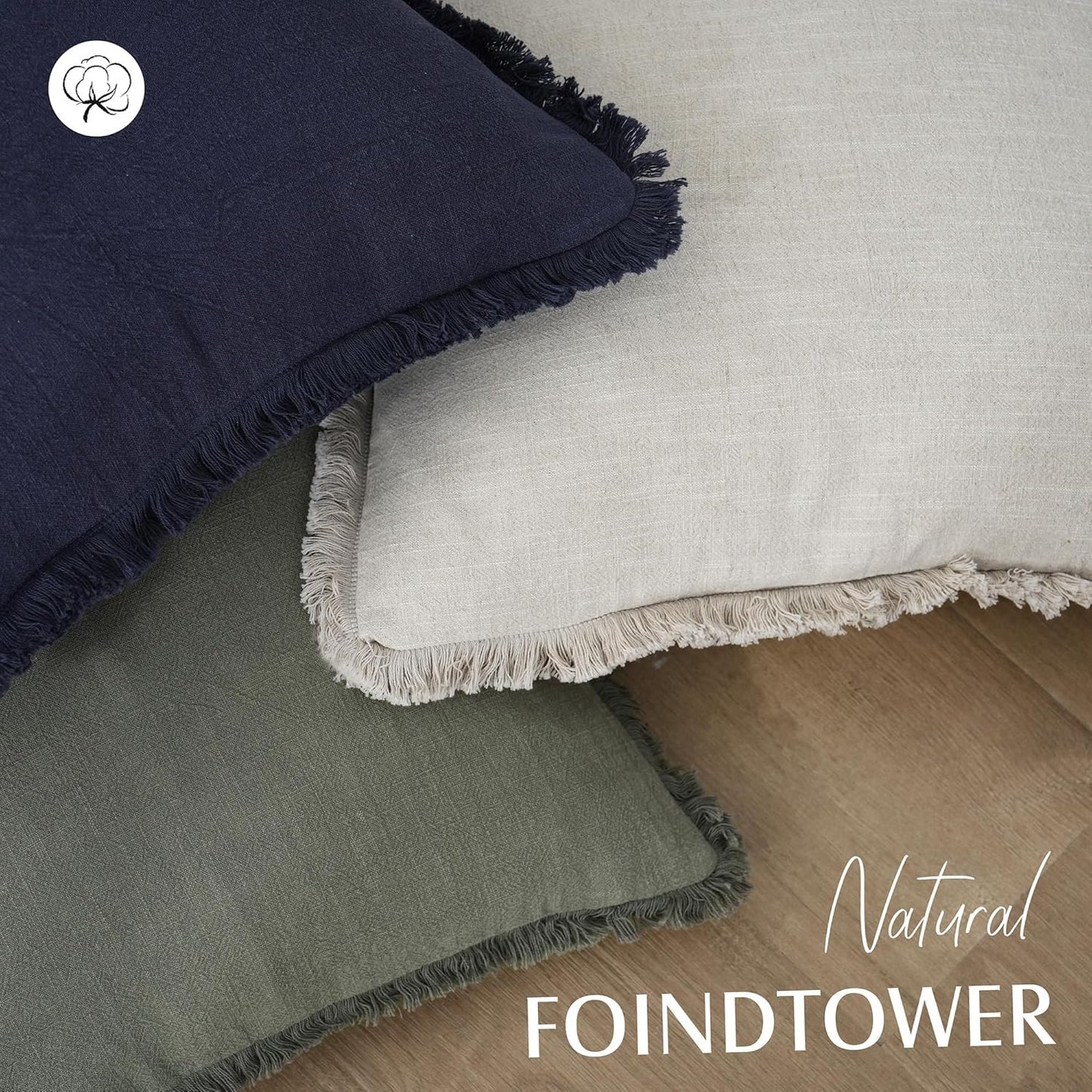Foindtower Set of 2 Decorative Linen Fringe Throw Pillow Covers Cozy Boho Farmhouse Cushion Cover with Tassels Soft Accent Pillowcase for Couch Chair Sofa Bed Living Room Home Decor,18×18 Inch,Beige