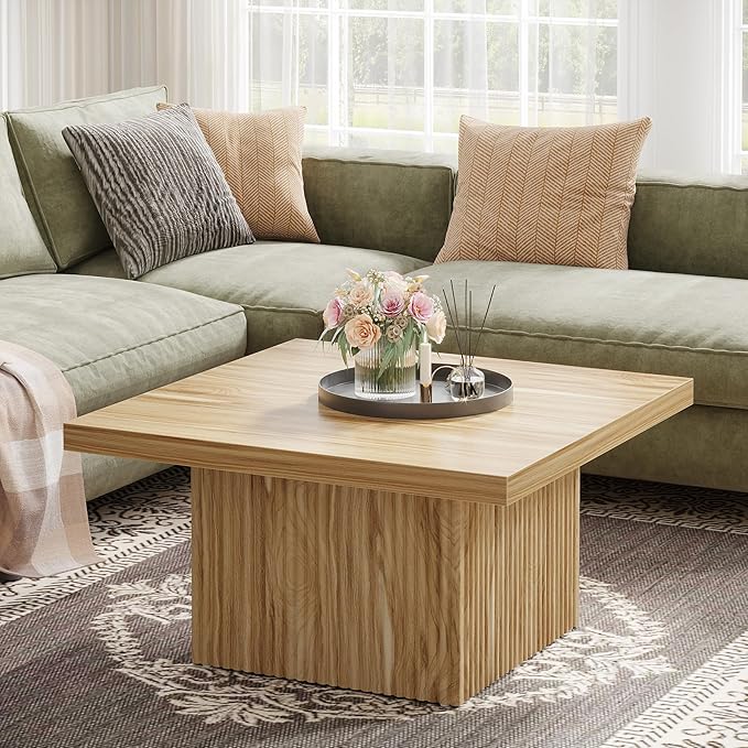 Tribesigns Square Coffee Table, 31.5-Inch Fluted Coffee Table, Mid-Century Modern Living Room Table, Large Cocktail Table for Living Room, Easy Assembly, Oak