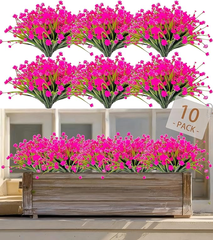 10 Bundles Artificial Flowers Indoor No Fade Fake Plastic Flower UV Resistant for Outside Patio Yard Planter Fall Autumn Pink Faux Outdoor Plants for Planters