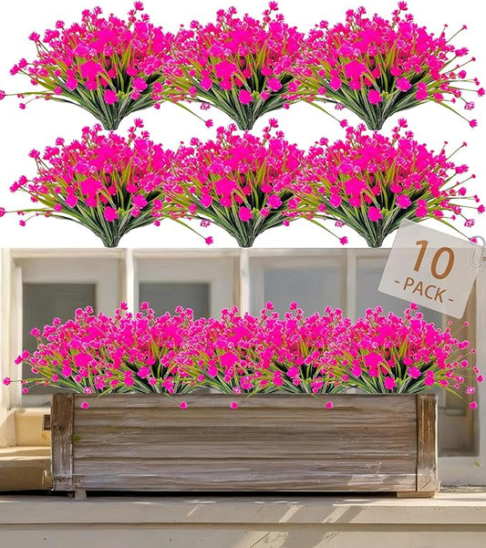 10 Bundles Artificial Flowers Indoor No Fade Fake Plastic Flower UV Resistant for Outside Patio Yard Planter Fall Autumn Pink Faux Outdoor Plants for Planters