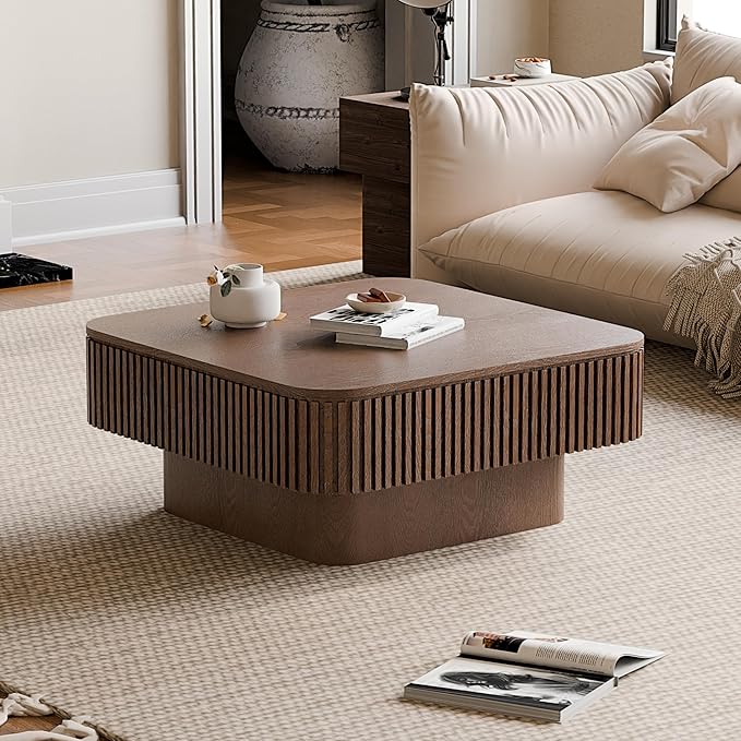 31.5'' Square Coffee Table with Storage, Mid Century Modern Fluted Drum Center Tables with Lid, Solid Wood Modern Coffee Table Accent Tea Table for Living Room, Bedroom, Apartment or Office, Walnut