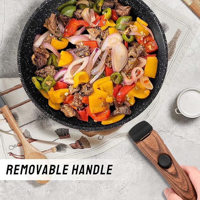 Kitchen Academy Removable Handle Induction Pots and Pans Set - 10 Piece Non-stick Cookware Sets, Black Granite Stackable RV Cookware for Camp