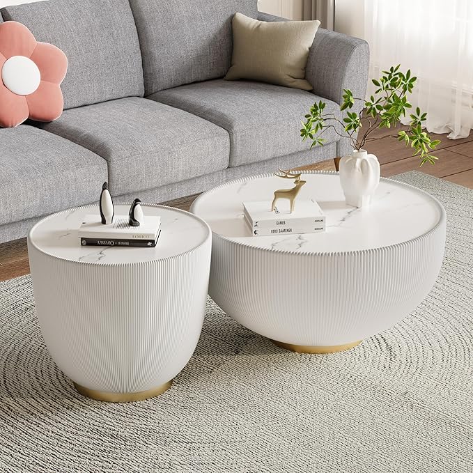 Round Living Room Table Set, 27.56" White Drum Center Table and 19.69" White Center Table Set, 2 Pieces Coffee Table Set with Sintered Stone Tabletop, Fluted PU Leather Covered and Metal Base
