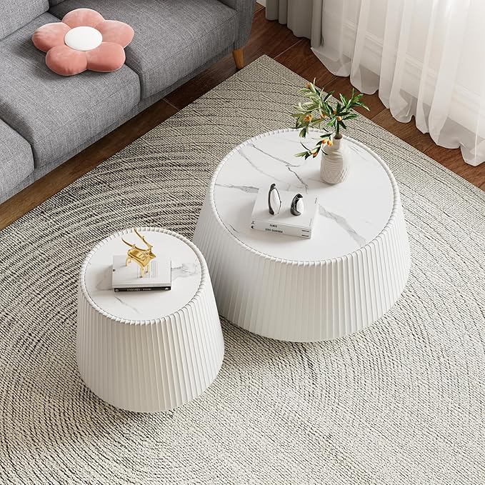 Round Living Room Table Set, 26.77" White Drum Center Table and 19.68" White Coffee Table Set, 2 Pieces Coffee Table Set with Sintered Stone Tabletop, Fluted PU Leather Covered and StableBase