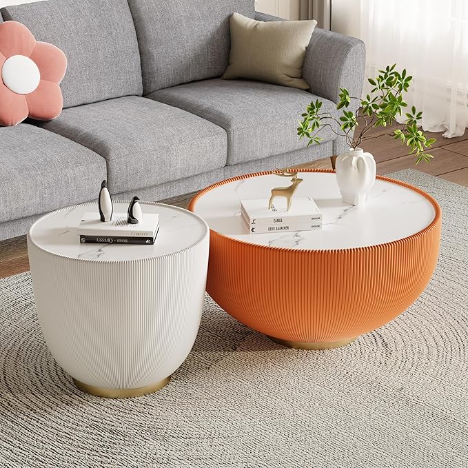 Round Living Room Table Set, 29.53" Orange Drum Center Table and 19.69" White Coffee Table Set, 2 Pieces Coffee Table Set with Sintered Stone Tabletop, Fluted PU Leather Covered and Metal Base