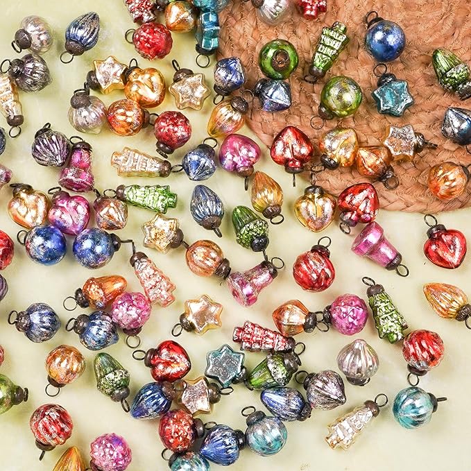 75 Piece Glass Retro Multicolor Christmas Ornaments Decorative Mercury Mini Vintage Bulk Hanging Ornaments for Halloween, Christmas Tree, New Year, Valentine Day, Holidays, Event & Wedding Party Decor