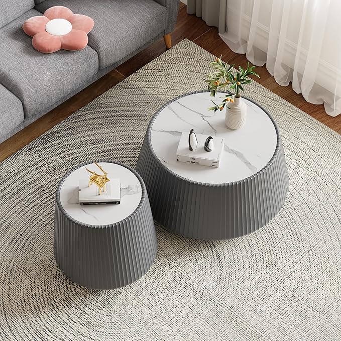 Round Living Room Table Set, 26.77" Grey Drum Center Table and 19.68" Grey Coffee Table Set, 2 Pieces Coffee Table Set with Sintered Stone Tabletop, Fluted PU Leather Covered and StableBase