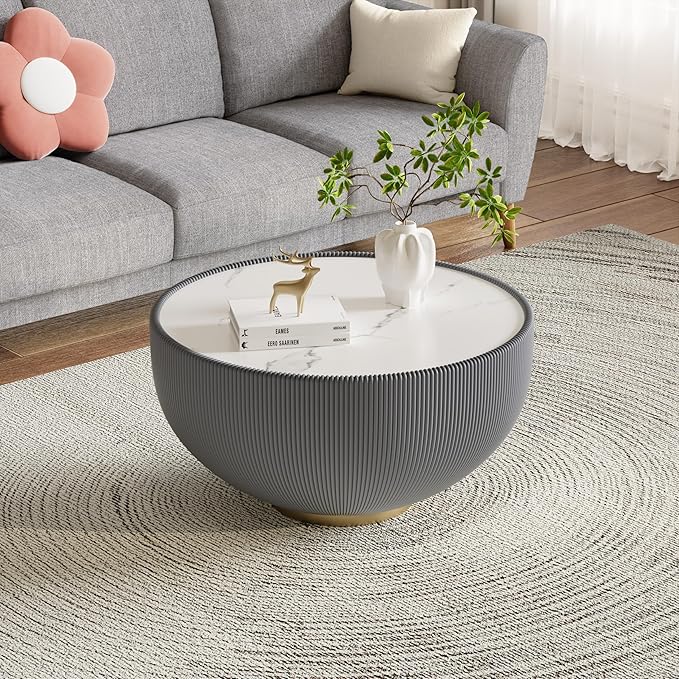 27.56" Grey Round Coffee Table, Drum Coffee Table with Sintered Stone Tabletop and Fluted PU Leather Covered and Metal Base, Circle Cocktail Tea Table for Living Room