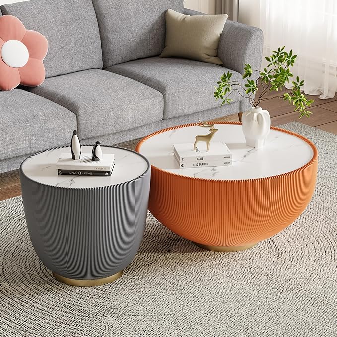 Round Living Room Table Set, 29.53" Orange Drum Center Table and 19.69" Grey Coffee Table Set, 2 Pieces Coffee Table Set with Sintered Stone Tabletop,Fluted PU Leather Covered and Metal Base
