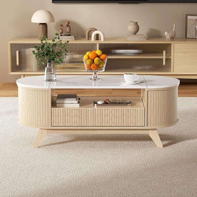 Coffee Table with Storage, Mid Century Modern Center Table for Living Room, Oval Fluted Coffee Table with Hidden Storage Space, Open Shelf & Drawer, Natural Wood