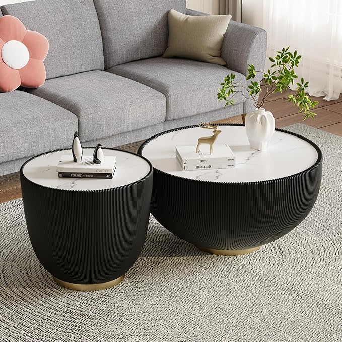 27.55" Black Round Coffee Table, Drum Coffee Table with Sintered Stone Tabletop and Fluted PU Leather Covered and Metal Base, Circle Cocktail Tea Table for Living Room