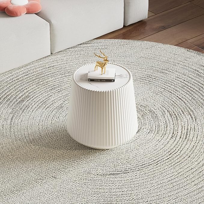 19.68" White Round Coffee Table, Drum Coffee Table with Sintered Stone Tabletop and Fluted PU Leather Covered and Stable Base, Circle Cocktail Tea Table for Living Room